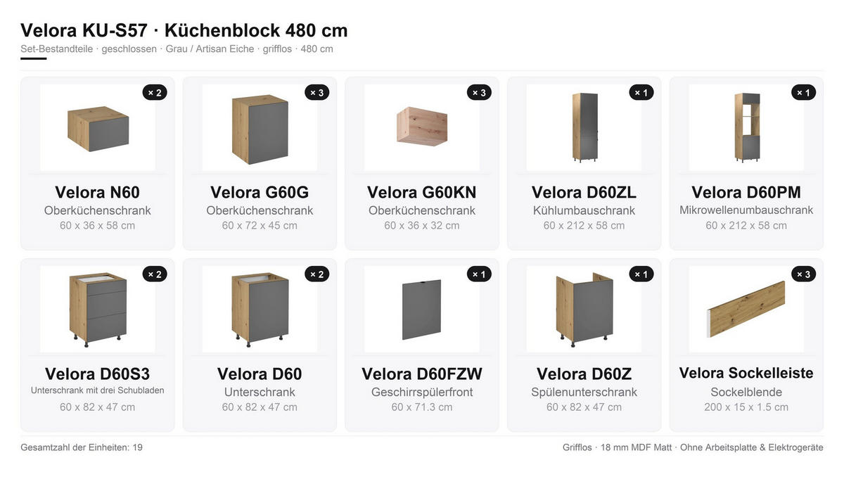 KÜCHENZEILE – Küchenblock 480 cm VELORA – KU-S57 – Grau / Artisan Eiche - Eiche Artisan/Grau, Holzwerkstoff (480/248/58cm) - hi-markt