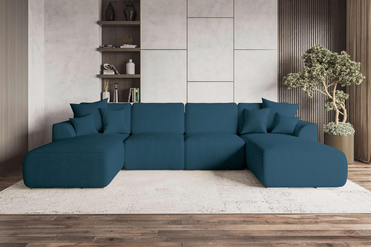 WOHNLANDSCHAFT GUSTO Cordstoff Blau inkl. Schlaffunktion - Blau/Chromfarben, Kunststoff/Textil (306/96/194cm) - 99rooms