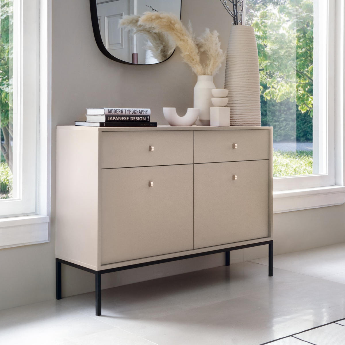 KOMMODE BARI K2D2SZ (Beige, Goldene Griffe, Schwarzes Gestell, Schubladen) - Beige/Goldfarben, Holz/Holzwerkstoff (104/83/39cm) - Ravio