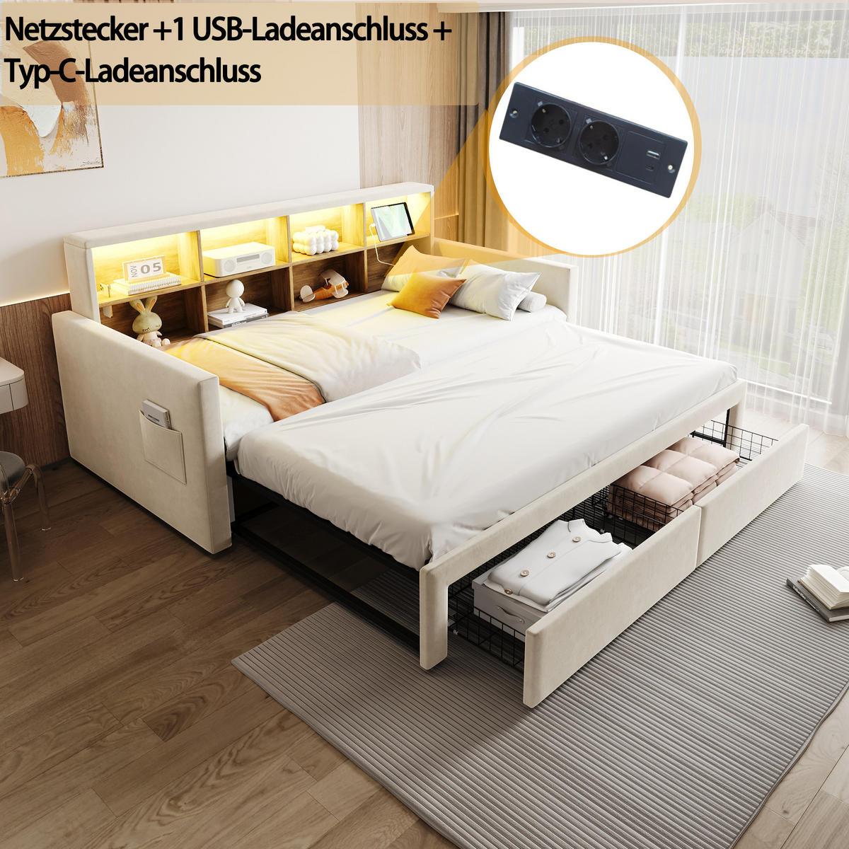 POLSTERBETT 90/190 cm Beige aus Samt mit Stauraum und LED-Beleuchtung - Beige, Textil (90/190cm) - OKWISH