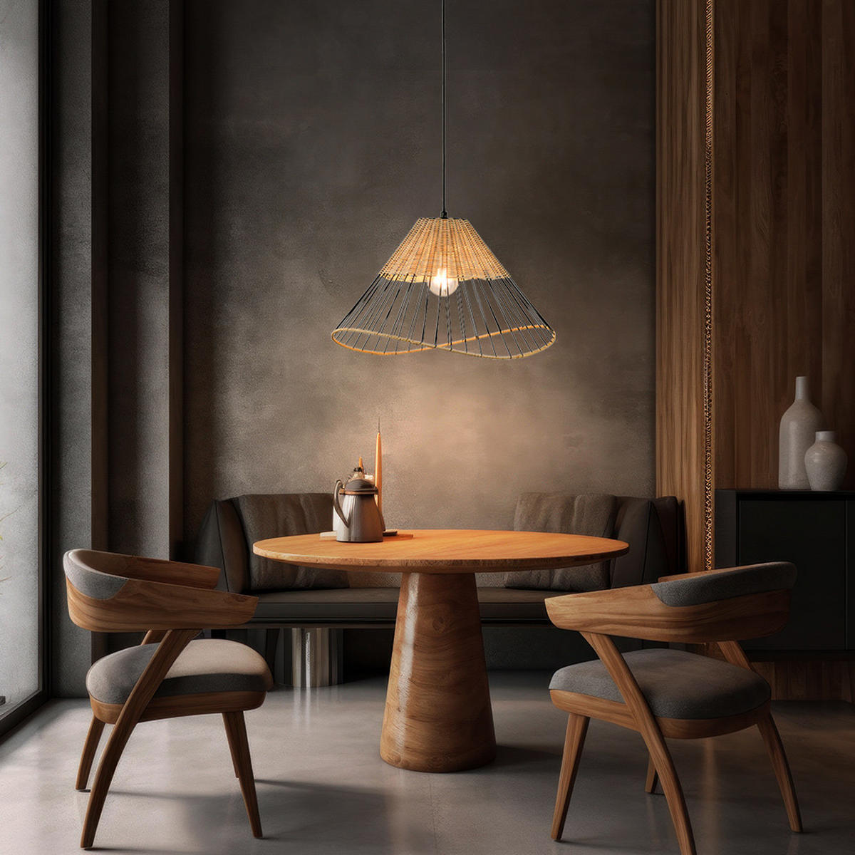 HÄNGELEUCHTE Metall Schwarz Holzgeflecht - Schwarz, Holz (48/48/120cm)