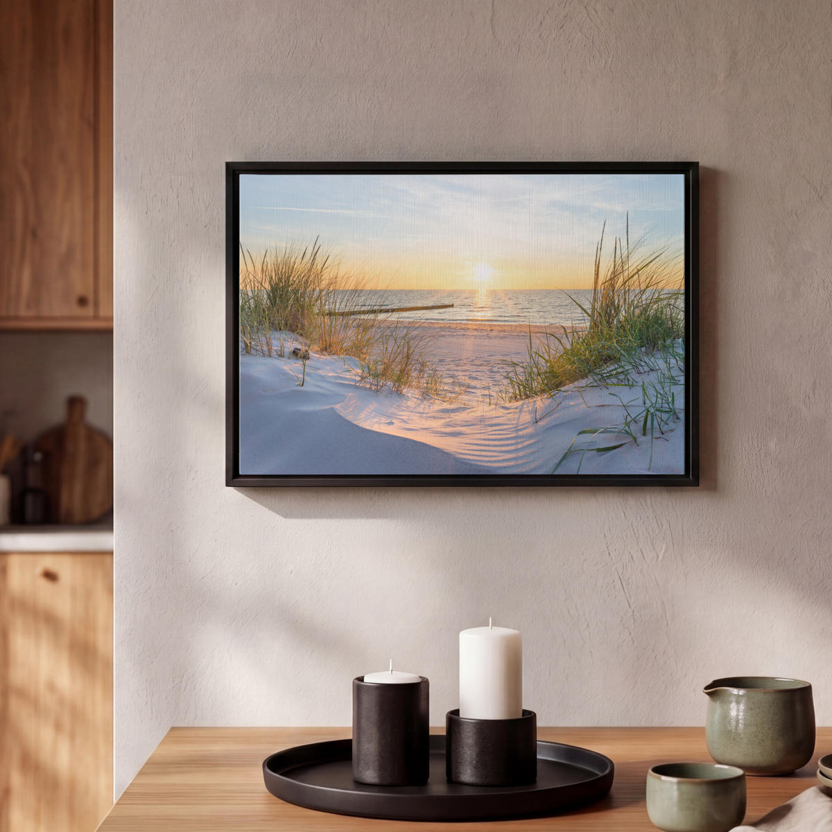 LEINWAND Bilder mit Rahmen - Strand - Sonne - Düne - Gras - Sand - Horizont - 30x20 - Hellblau, Textil (30/20cm) - MuchoWow