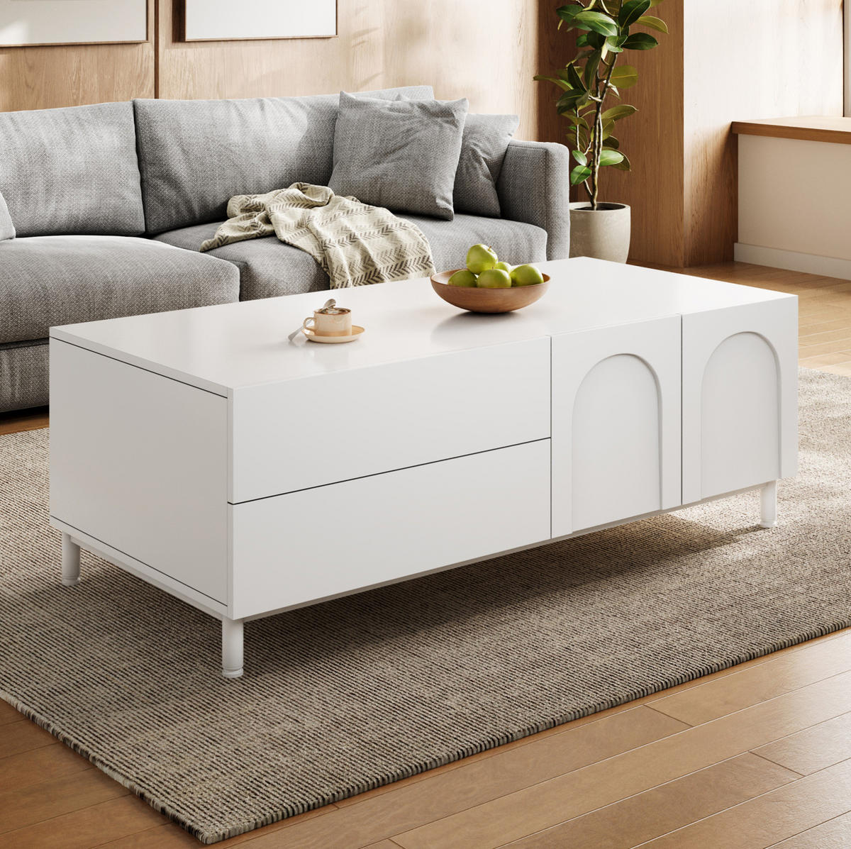 COUCHTISCH aus MDF und Spanplatte 100x50x39,5 cm Weiß mit 2 Schubladen und Türen - Weiß, Holzwerkstoff (100/50/39.5cm) - IVMEU