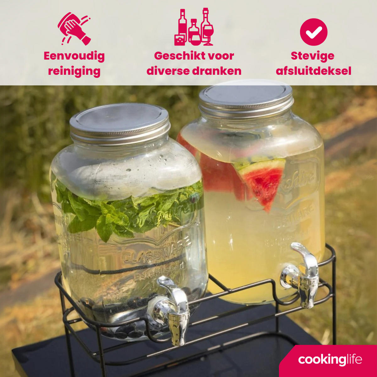 GETRÄNKESPENDER Dubbele - mit Halter - 2 x 4 Liter - Schwarz, Glas (8L) - Cookinglife