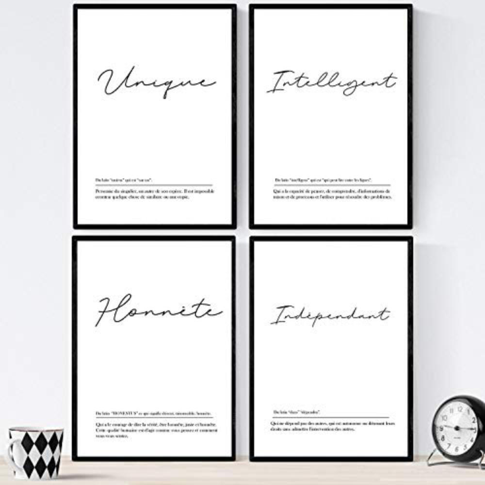 POSTER Set mit 4 Worten auf Französisch A4 Schwarzer Rahmen - Schwarz, Papier (29.7/3cm) - Nacnic