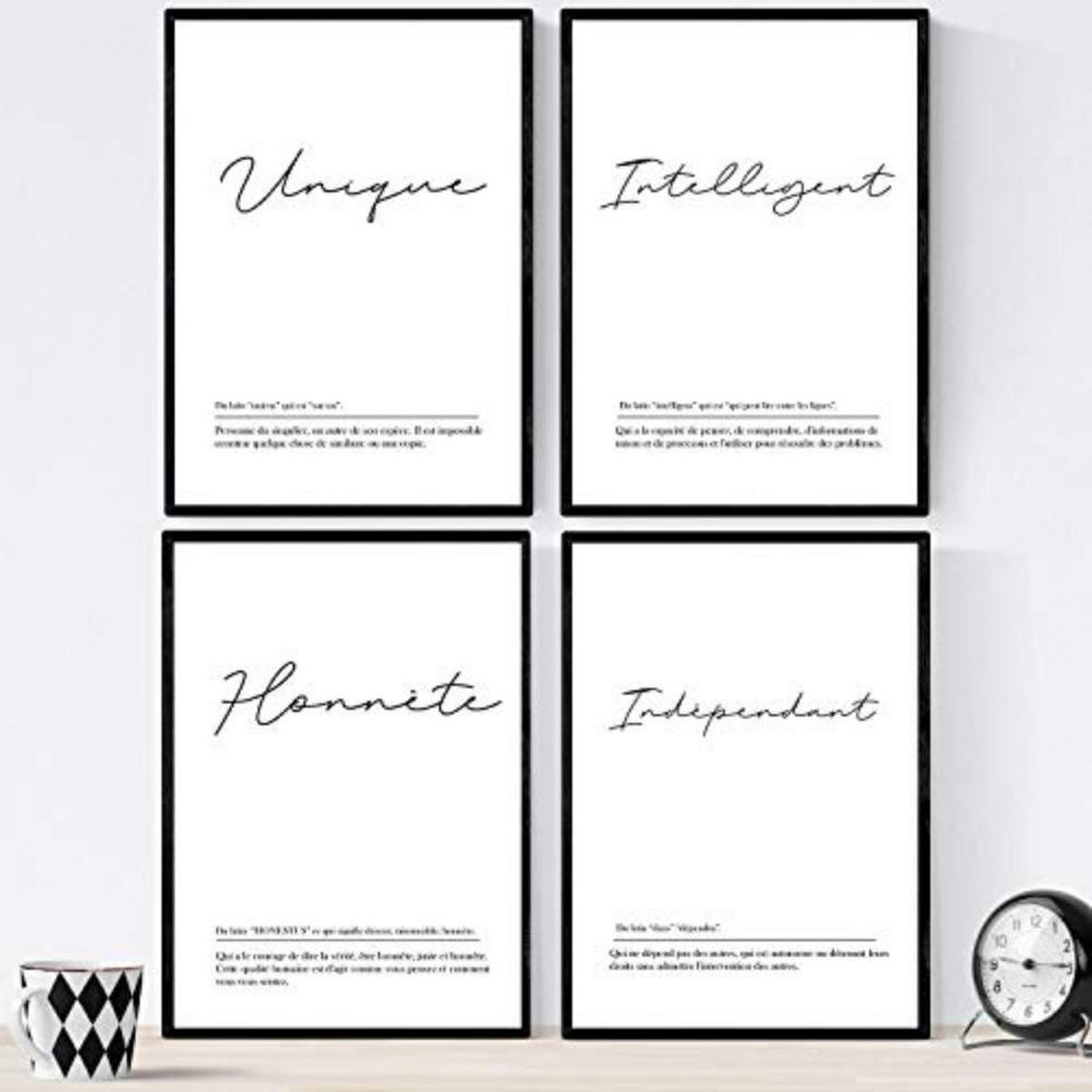 POSTER Set mit 4 Worten auf Französisch A4 Schwarzer Rahmen - Schwarz, Papier (29.7/3cm) - Nacnic