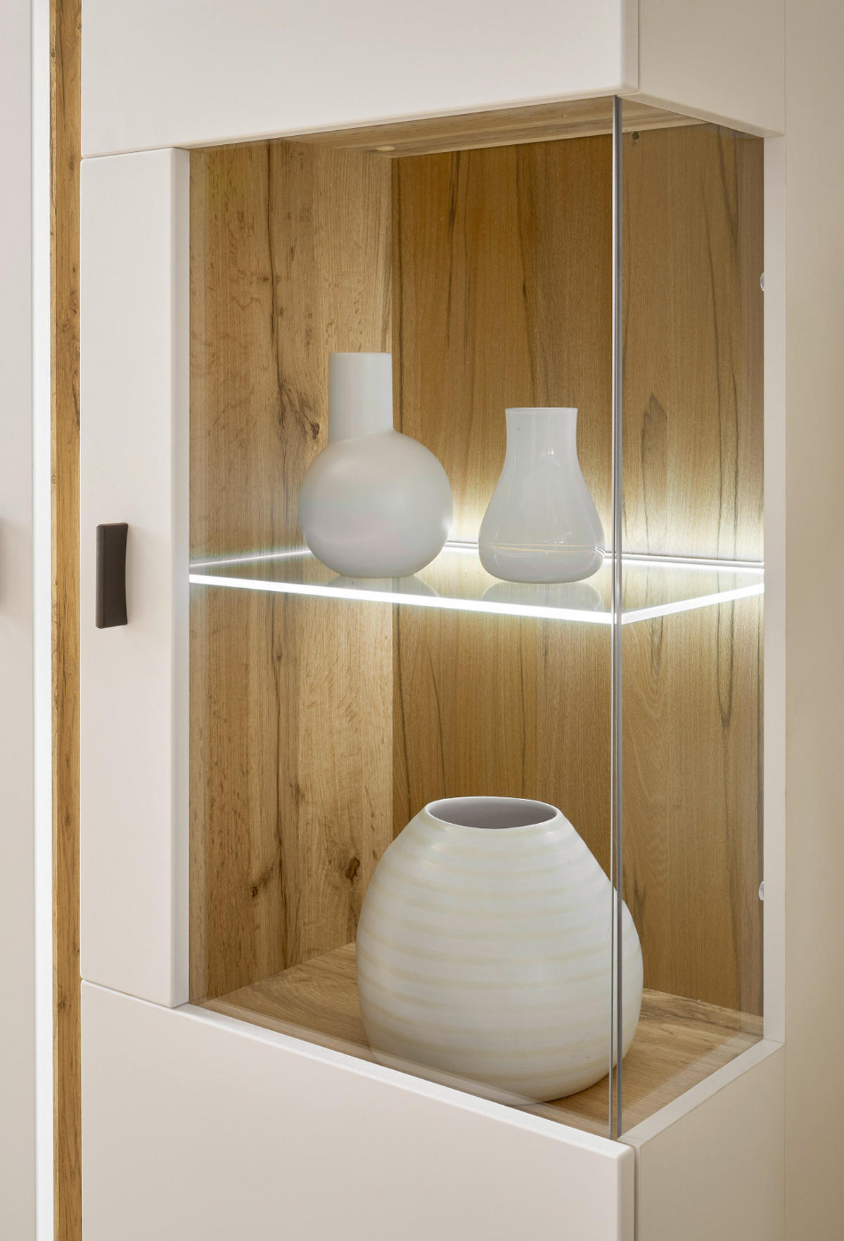 VITRINE weiß matt, Eiche Wotan 80 x 125 cm, Highboard inklusive Frontbeleuchtung - Silberfarben/Eiche Wotan, Glas/Holzwerkstoff (80/125/35cm) - Furn.Design