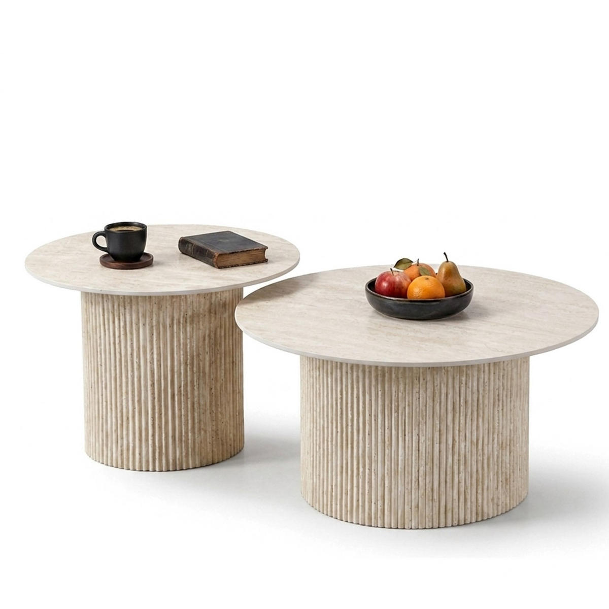 COUCHTISCH-SET Keramik rund 2-tlg. Trommelgestell Travertin-Optik 80 & 60 cm - Sandfarben/Weiß, Keramik/Metall (80/80/46cm) - HOOZ