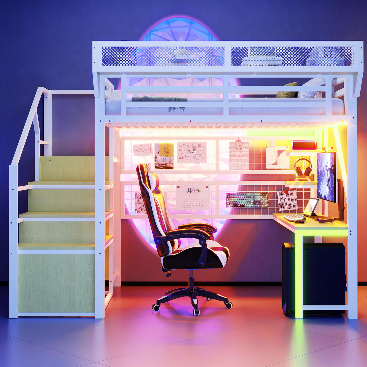 HOCHBETT 140/200 cm mit Schreibtisch, Regal, LED-Beleuchtung und Steckdose, Weiß - Weiß, Holzwerkstoff (140/200cm) - Redom