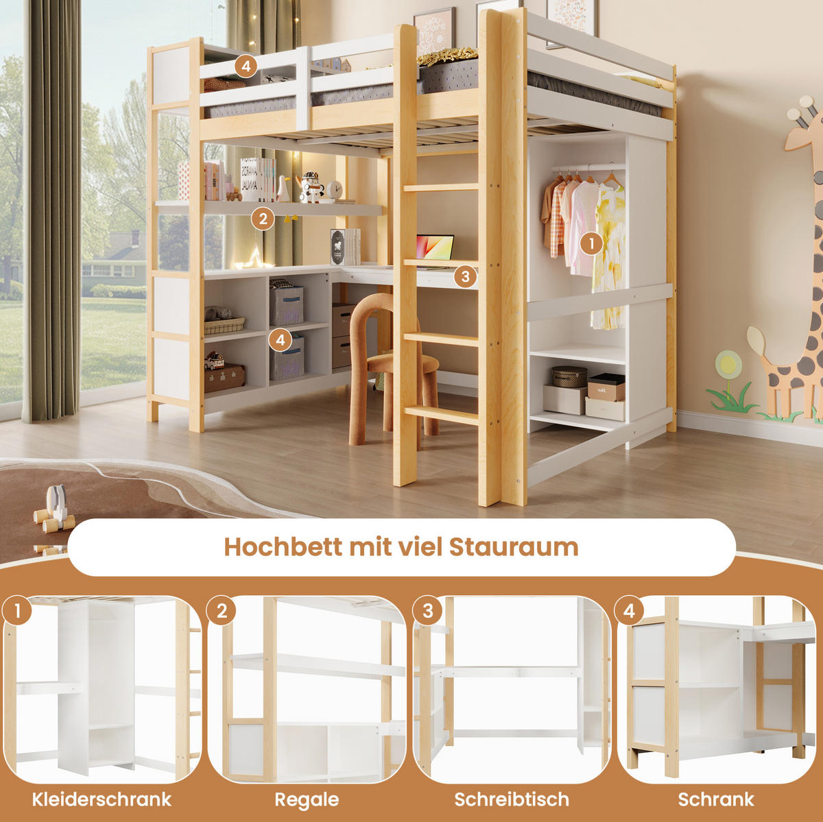 HOCHBETT 140/200 cm Weiß/Natur aus Kiefernholz mit Schreibtisch und Schrank - Naturfarben, Holzwerkstoff (140/200cm) - OKWISH