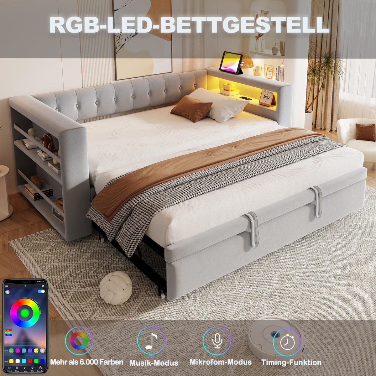POLSTERBETT 90/180/190 cm aus Flannelette mit LED-Beleuchtung, Hellgrau - Hellgrau, Textil (90/190cm) - OKMYHOME