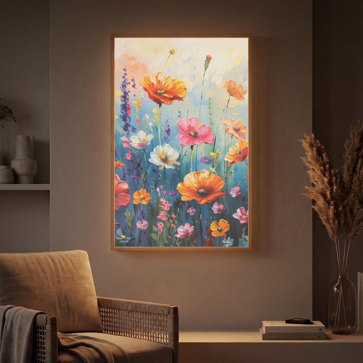 NÁSTĚNNÁ LAMPA S AKUMULÁTOREM Květiny - Příroda - Akvarel - Umění 60x90 cm - různobarevná, kompozitní dřevo (60/90/8cm) - OnlyWow