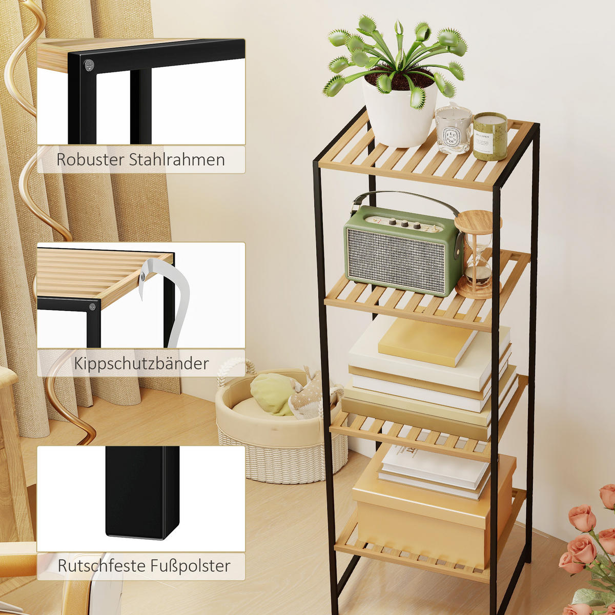 STANDREGAL mit 4 Ablagen aus Bambus und Stahl - Schwarz/Naturfarben, Metall (33/110/36.5cm) - HOMCOM
