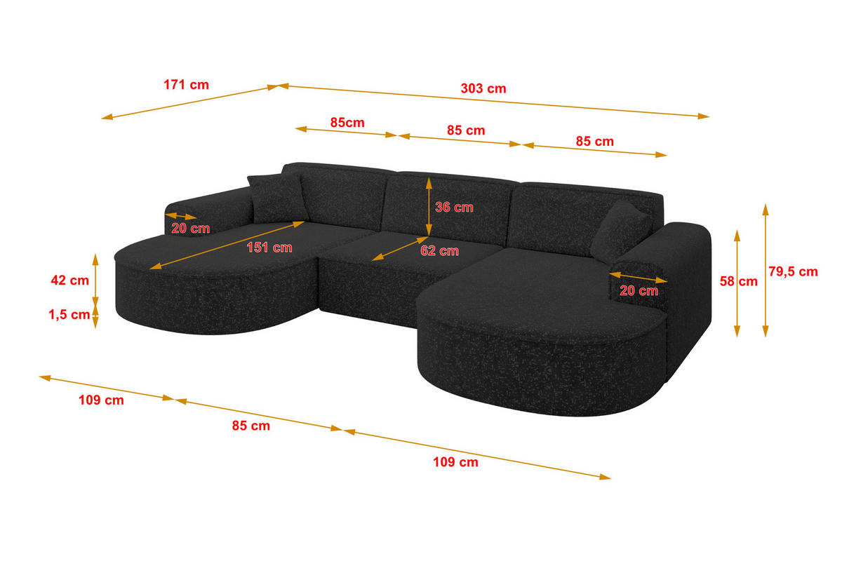 WOHNLANDSCHAFT MARI-U1 - 303x171x79 cm Schwarz Tissu - Schwarz, Holzwerkstoff/Kunststoff (303/79/171cm) - ALTDECOR