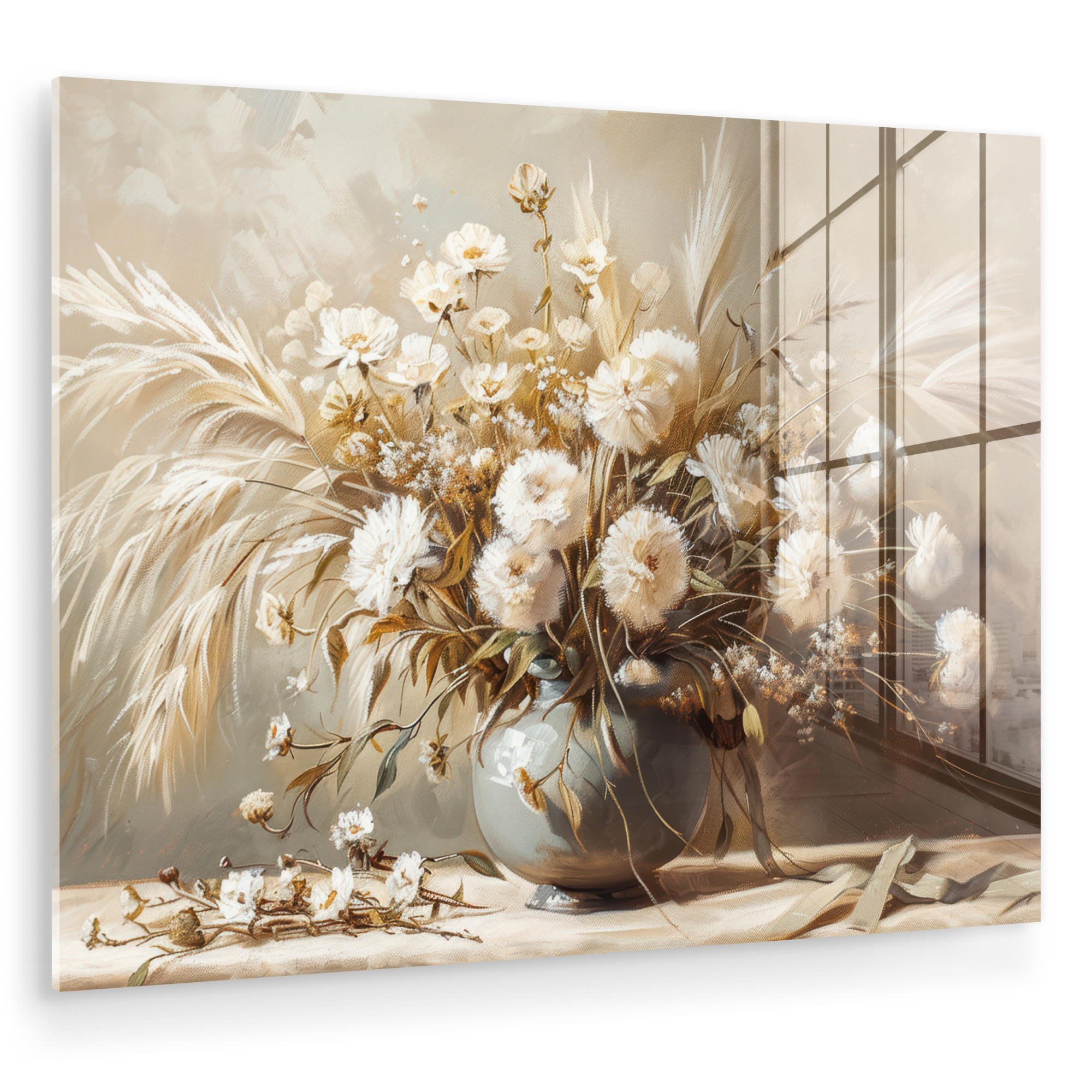 ACRYLGLASBILD Blumen - Vase - Stilleben - Beige 80x60 cm - Creme, Glas (80/60cm) - MuchoWow