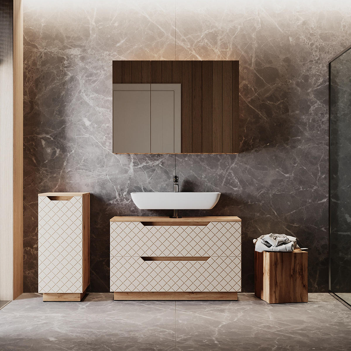 BADMÖBEL-SET Lotta Eiche/Kaschmir mit Kachelstruktur 3 Teile - Kaschmir/Eichefarben, Holzwerkstoff (99.4/62.5/32cm) - Vicco