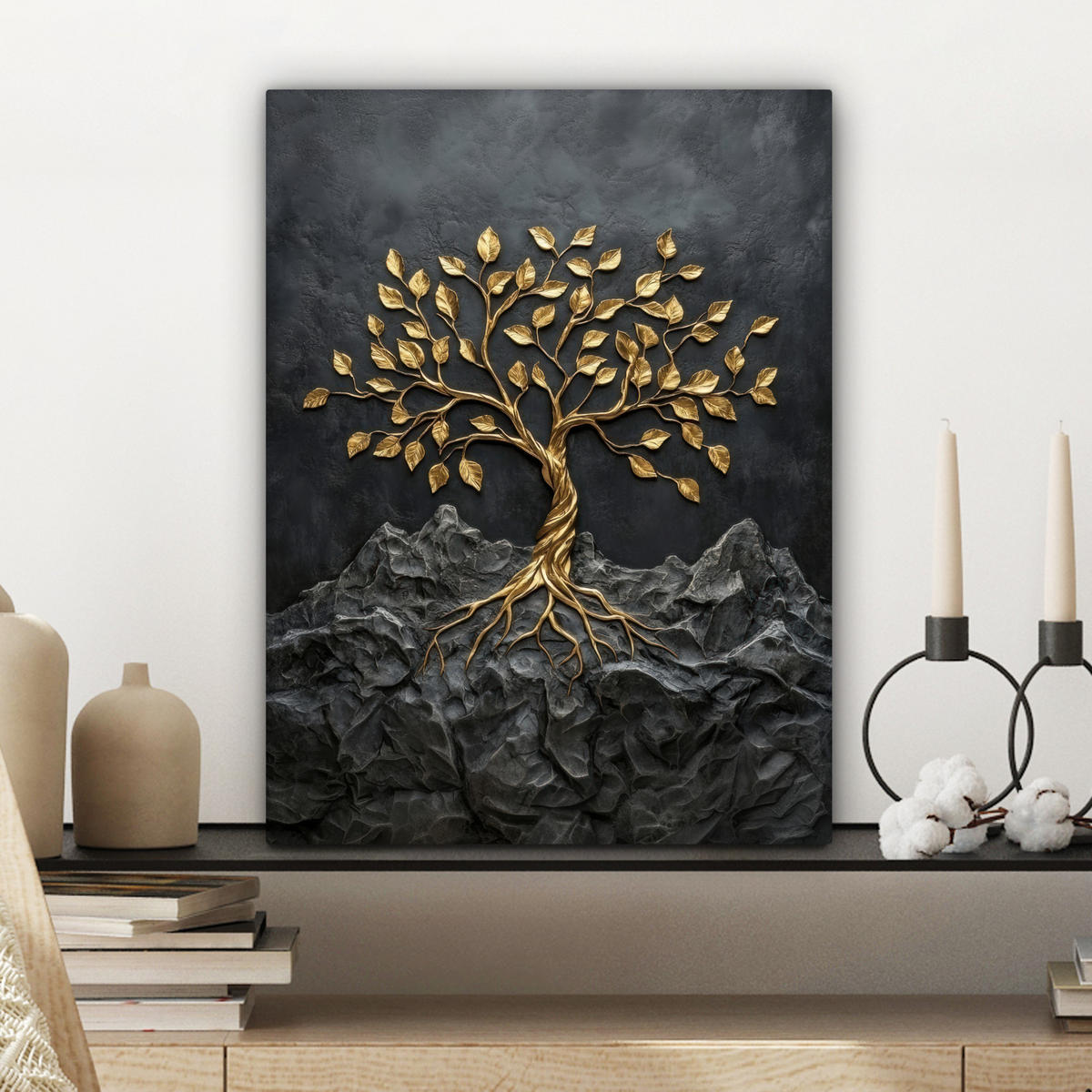 LEINWANDBILD Blätter - Gold - Baum - Fels Room Decor 30x40 cm - Schwarz, Textil (30/40cm) - MuchoWow