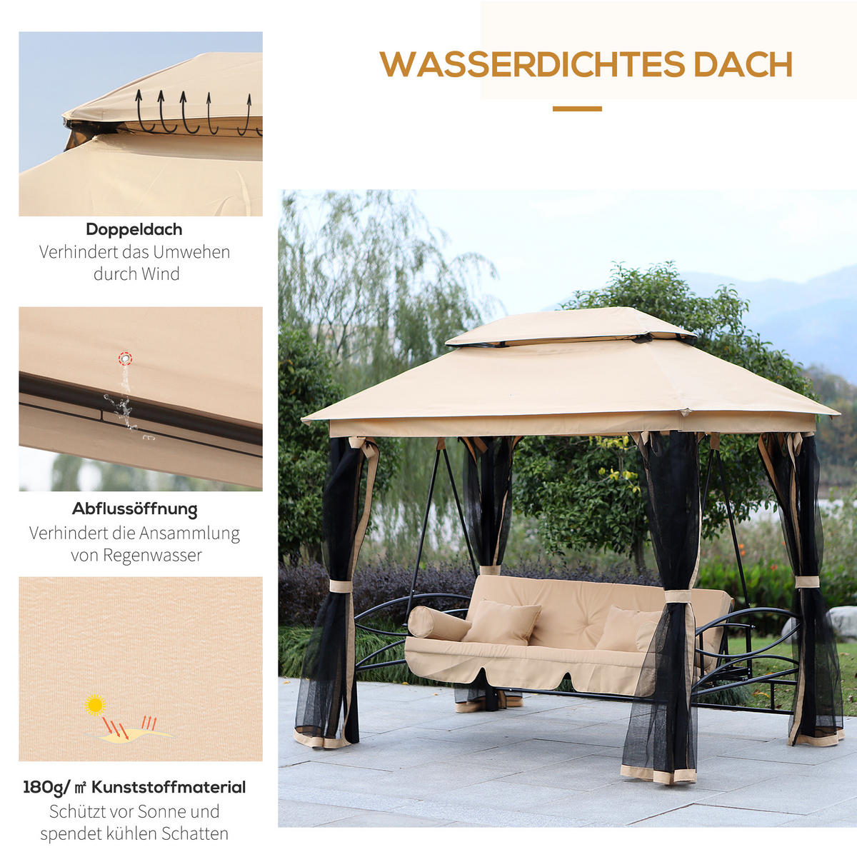 HOLLYWOODSCHAUKEL DE-06995 3-Sitzer, mit Seitenwänden & Moskitonetz, Liegefunktion Beige - Beige/Schwarz, Metall (256/248/172cm) - ComfortXL