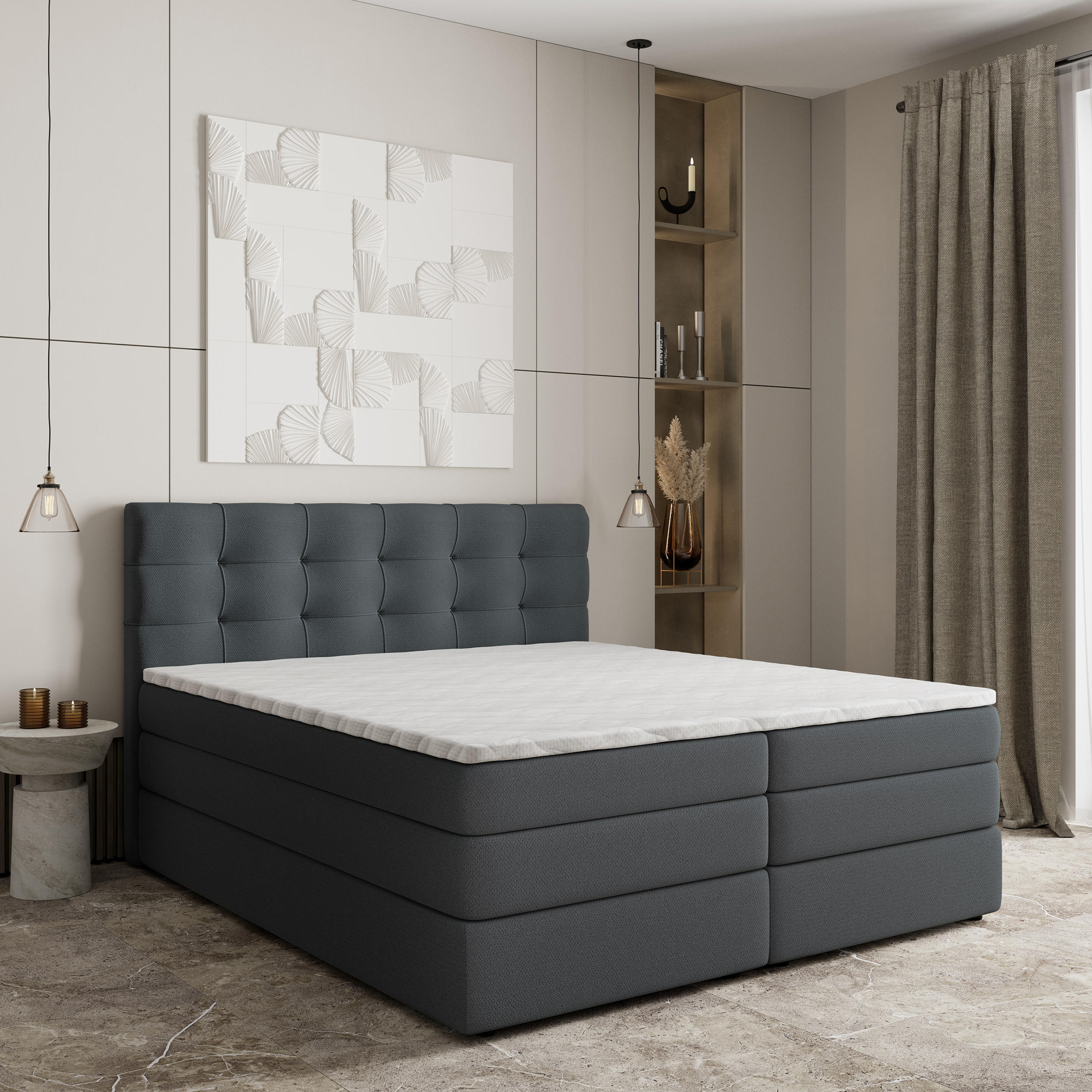 BOXSPRINGBETT AREZI 140x200 cm mit Matratze und Topper - Graphitfarben - Graphitfarben, Holz (140/200cm) - MASSENO