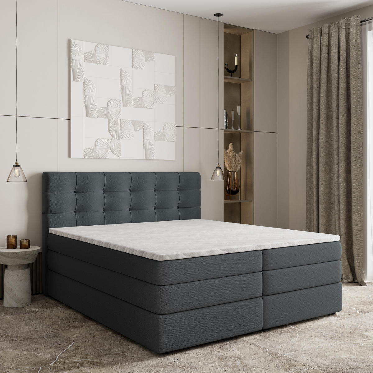 BOXSPRINGBETT AREZI 160x200 cm mit Matratze und Topper - Graphitfarben - Graphitfarben, Holz (160/200cm) - MASSENO