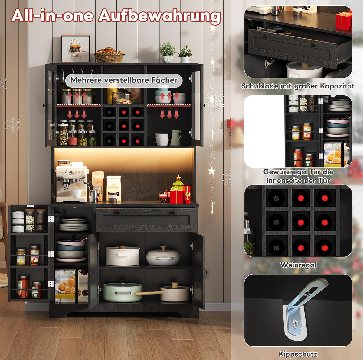 BUFFETSCHRANK 105/40/180 cm schwarz aus MDF mit LED und Steckdose - Schwarz, Holzwerkstoff (105/180/40cm) - OKWISH