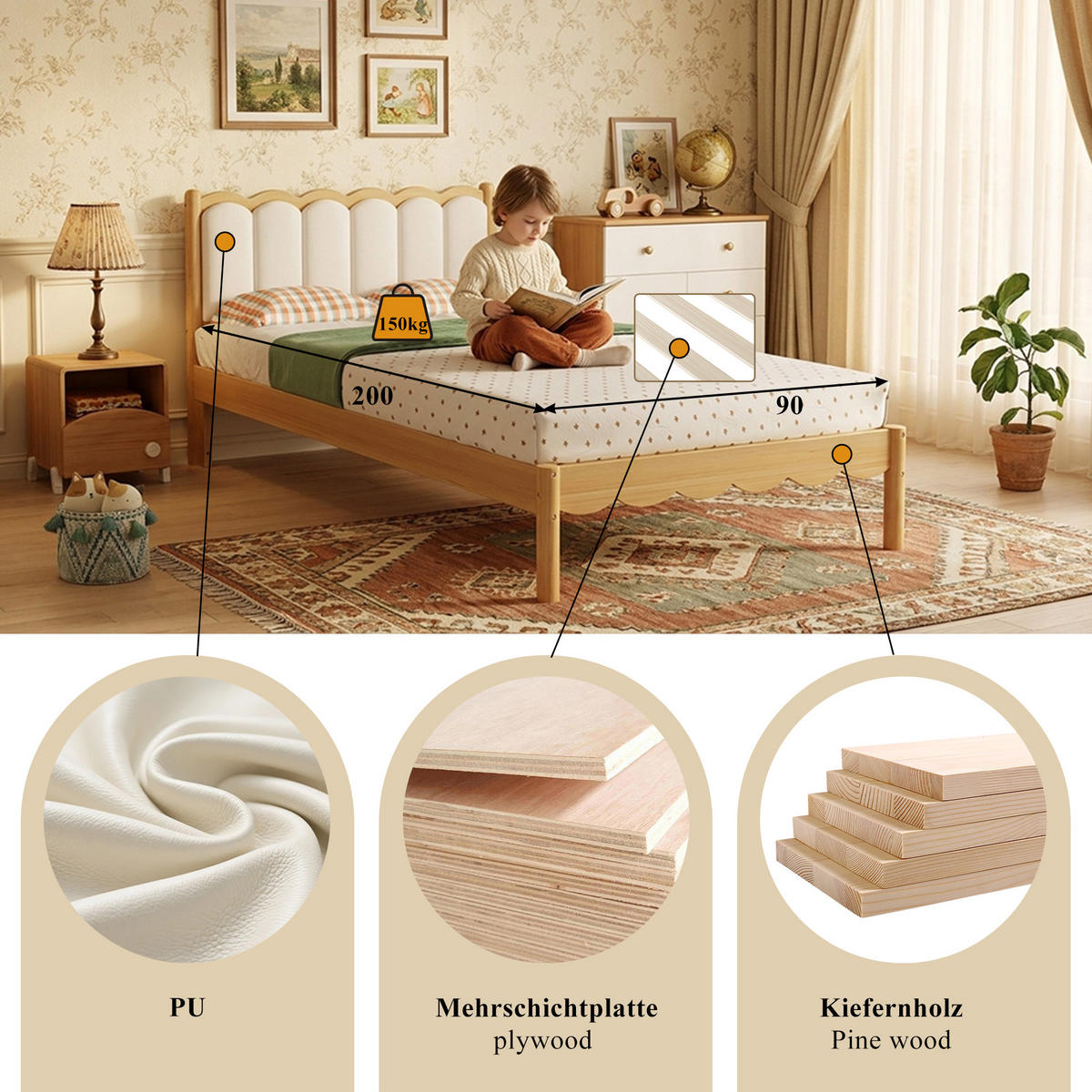 POLSTERBETT 90/200 cm in Beige und Natur mit Wellenoptik - Beige/Naturfarben, Holzwerkstoff/Textil (90/200cm) - WISHDOR