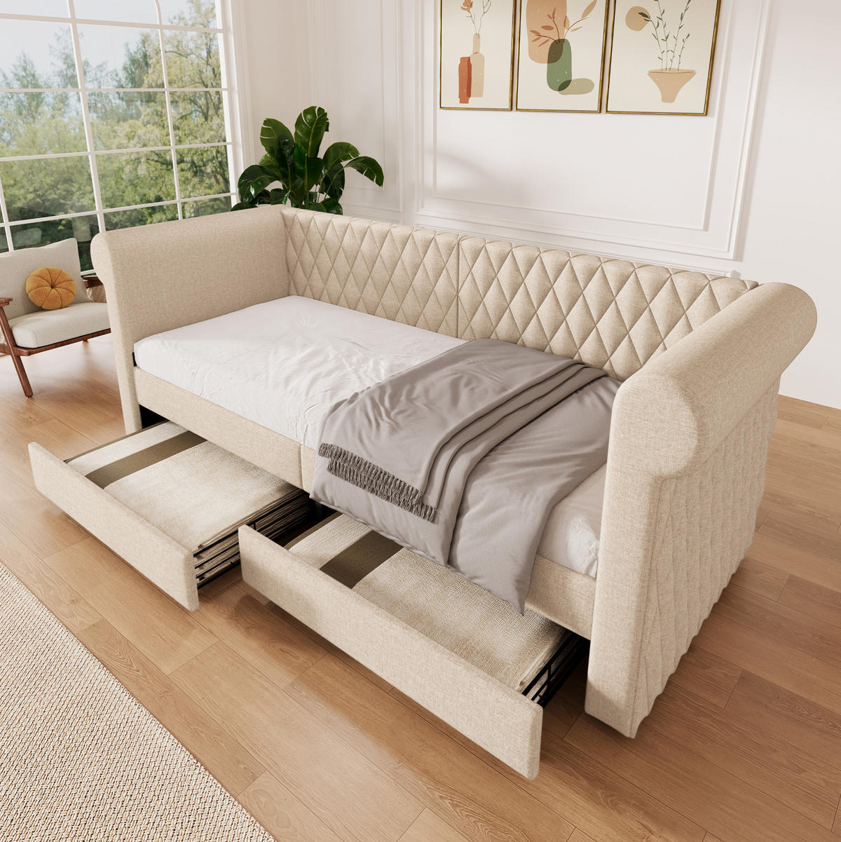 POLSTERBETT 90/200 cm aus Leinen mit 2 Schubladen, Beige - Beige, Textil (90/200cm) - Flora Grace