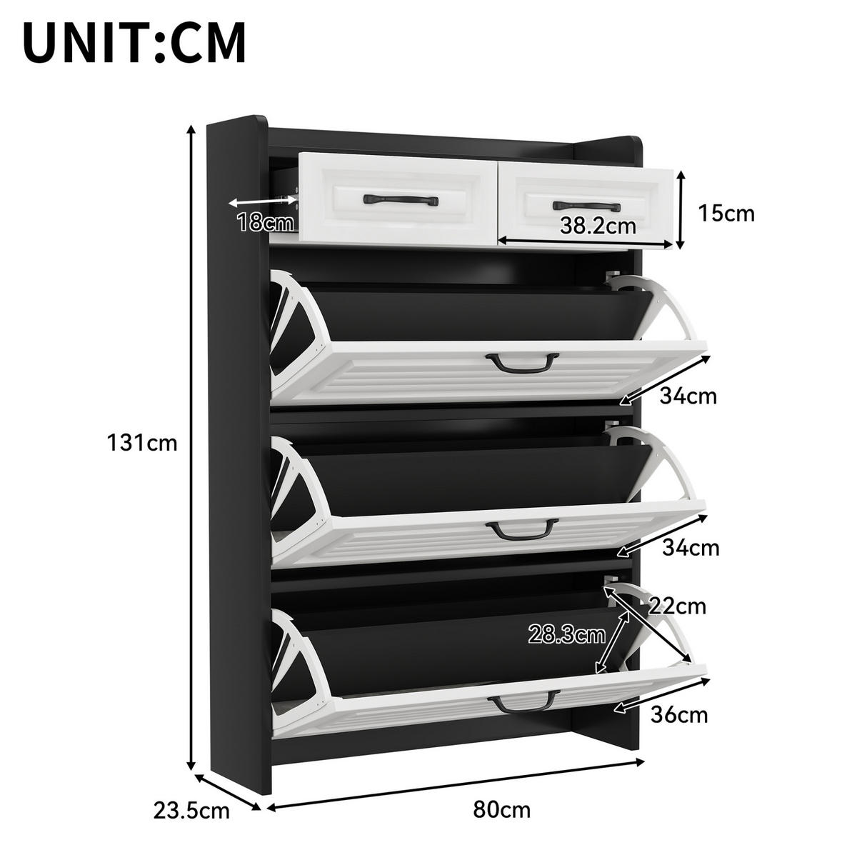 SCHUHSCHRANK 80/23,5/131 cm mit 3 Klappen und 2 Schubladen in Weiß - Weiß, Holzwerkstoff (80/131/23.5cm) - BEAOK