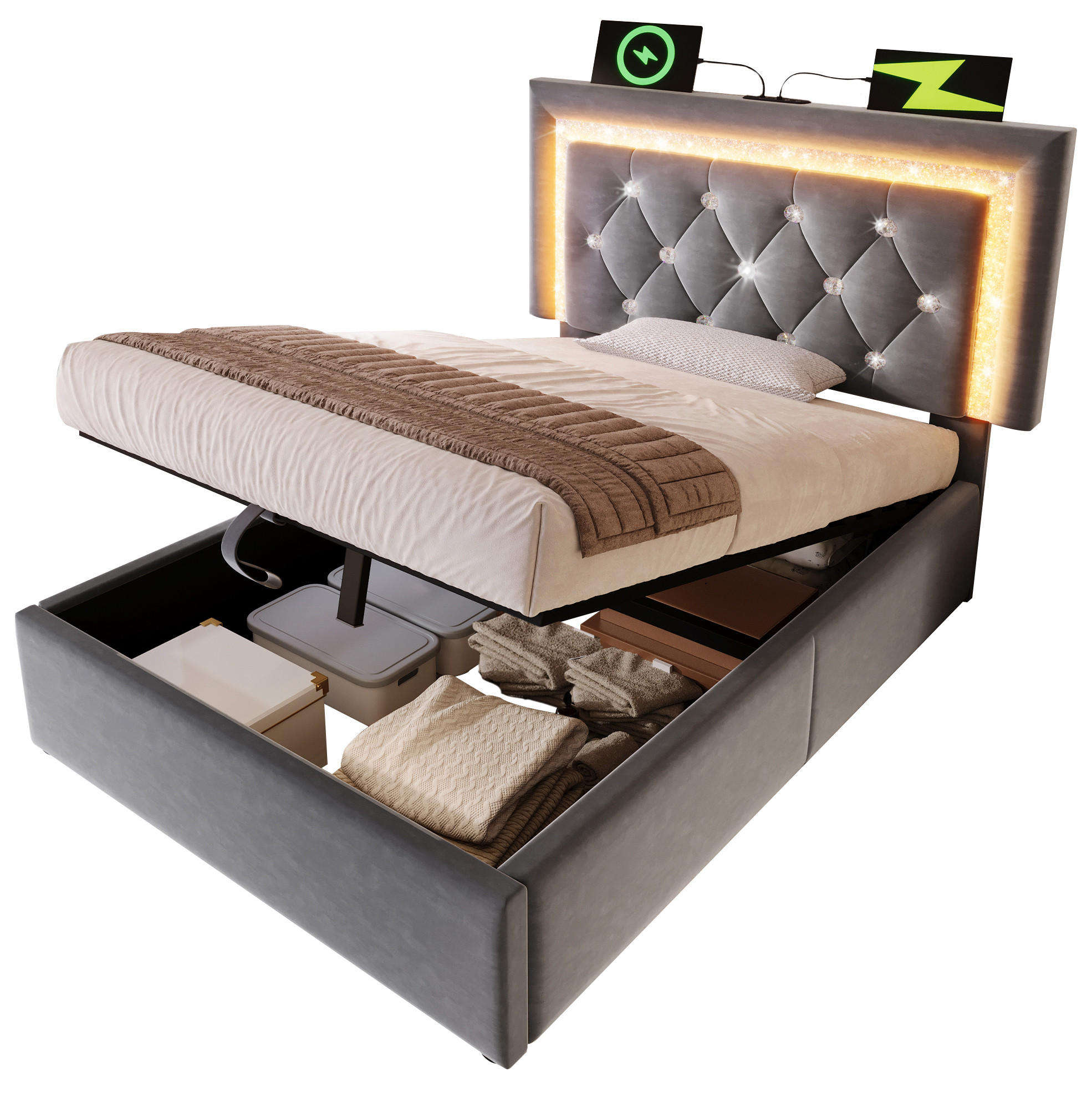 POLSTERBETT 90/200 cm mit LED-Beleuchtung, USB- und Type-C-Anschluss, Bettkasten und Matratze, Grau - Grau, Textil (90/200cm) - Redom