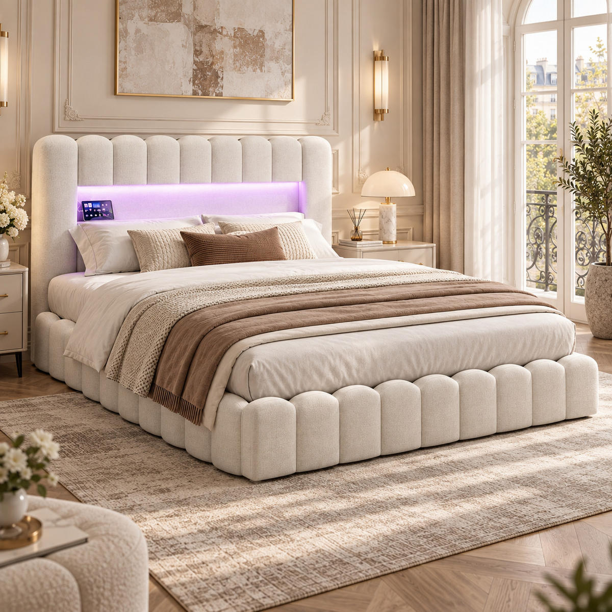 POLSTERBETT 160/200 cm mit LED-Kopfteil und hydraulischem Stauraum, modernes Schlafzimmerbett - Beige, Holz/Metall (160/200cm) - Joyfair
