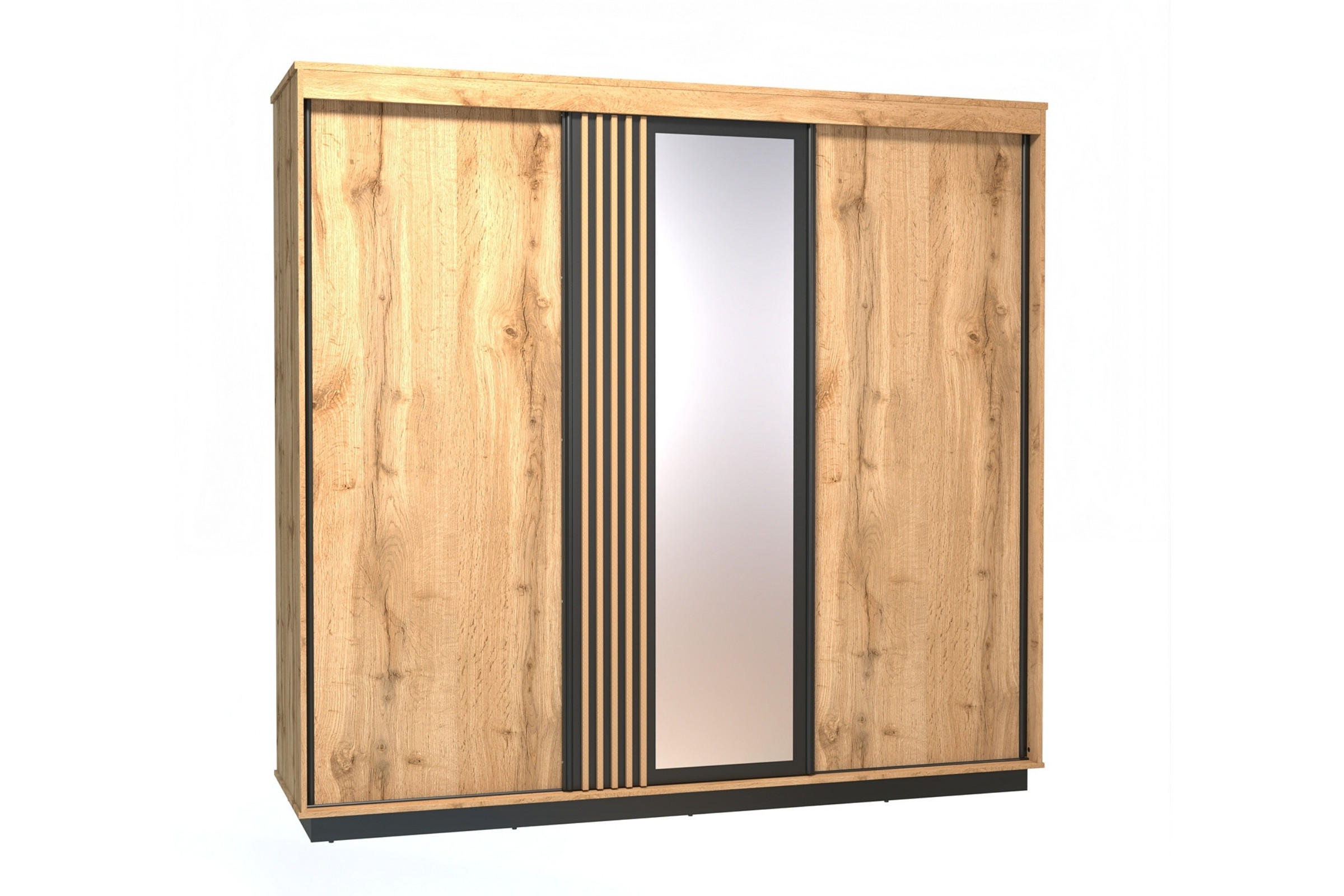 SCHIEBETÜRENSCHRANK LAMI 19 240/224/66 cm in Wotan Eiche / Schwarz Matt mit Lamellen und Spiegel - Eiche Wotan/Schwarz, Holzwerkstoff (240/224/66cm) - Deine Möbel 24