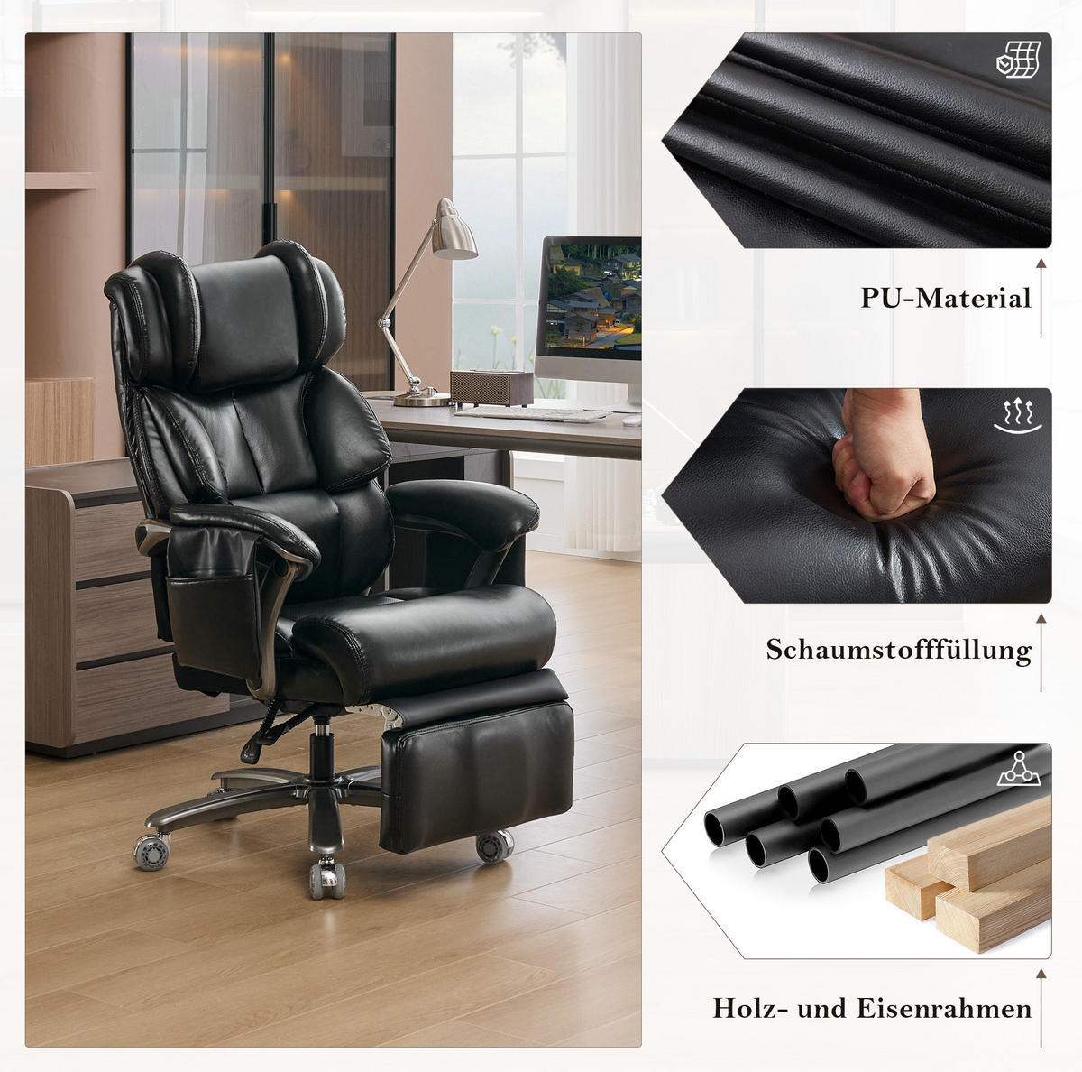 BÜROSTUHL mit Massage- und Heizfunktion PU-Leder Black - Schwarz, Kunststoff (76.5/121.5/85.5cm) - Meubliv