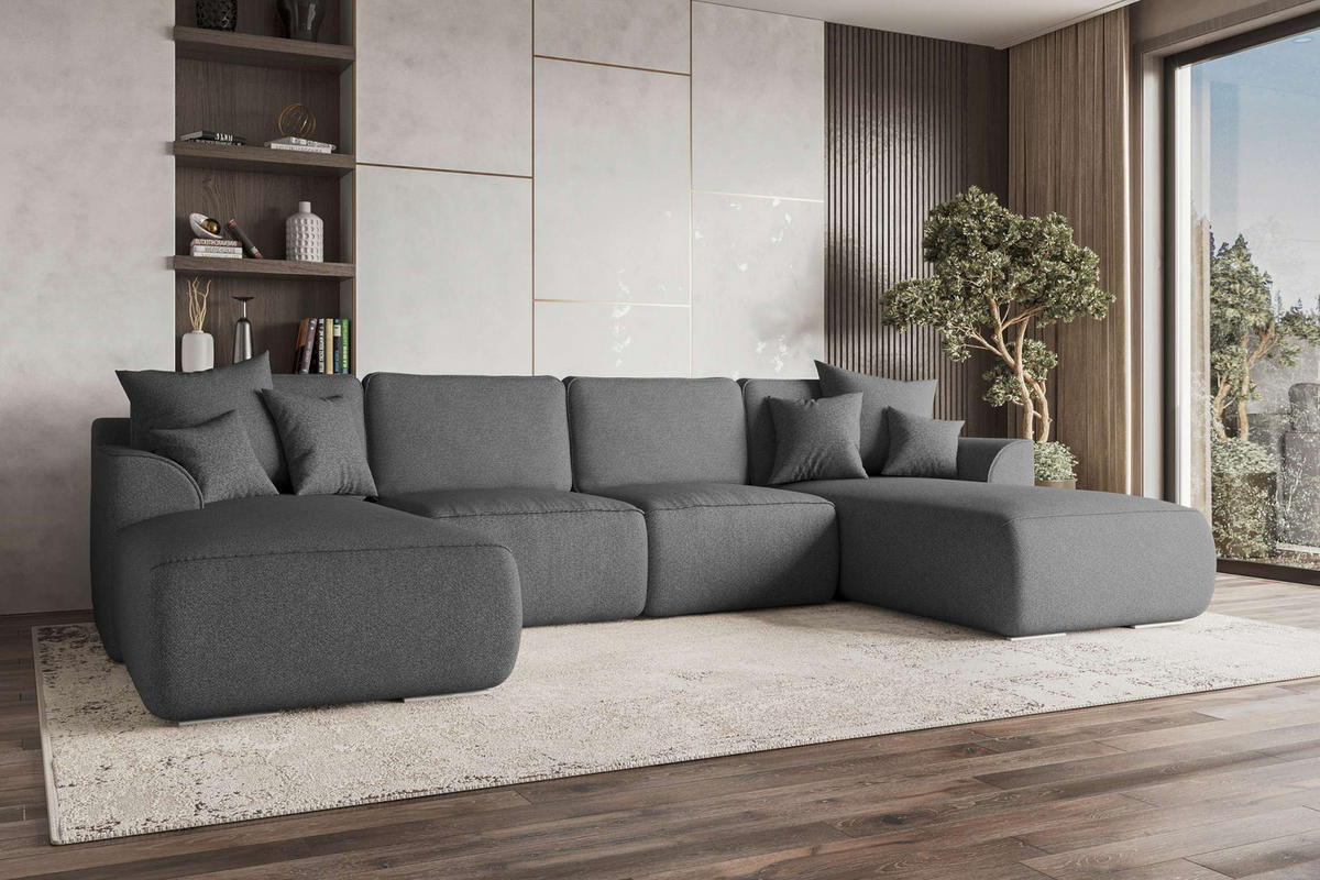 WOHNLANDSCHAFT GUSTO Strukturstoff Anthrazit inkl. Schlaffunktion - Chromfarben/Anthrazit, Kunststoff/Textil (306/96/194cm) - 99rooms