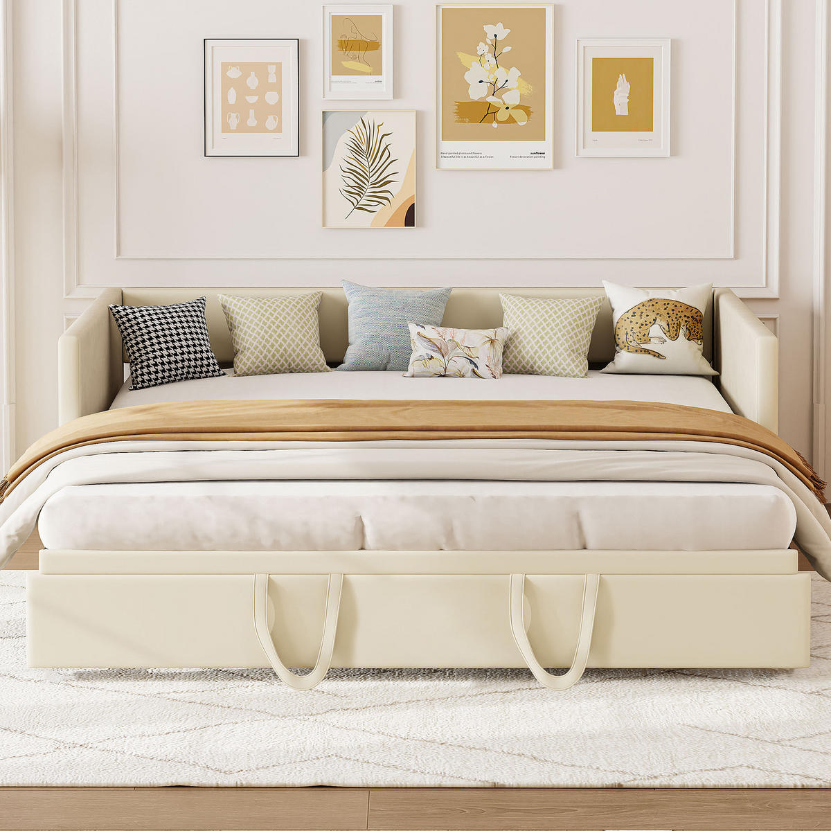 SCHLAFSOFA Samt creme ausziehbar mit Gästebett Funktion 3-fach umwandelbar Tagesbett mit Rollen - Beige, Metall (183/74/213cm) - Joyfair
