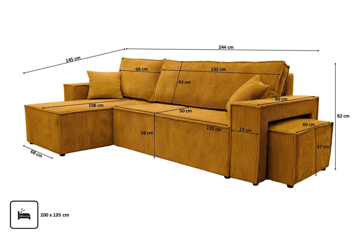 ECKSOFA Mit Schlaffunktion Und Pouf, Cordstoff Poso, Senffarbe, Links, Best L Mit Pouf - Gelb, Holz (244/145cm) - Kaiser Möbel