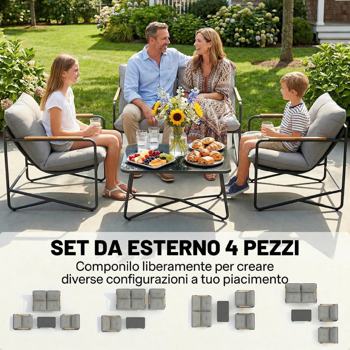GARTENMÖBEL-SET, Stoff 4+2-sitzig 3-teilig, hellgrau - Grau, Metall - Vallsero