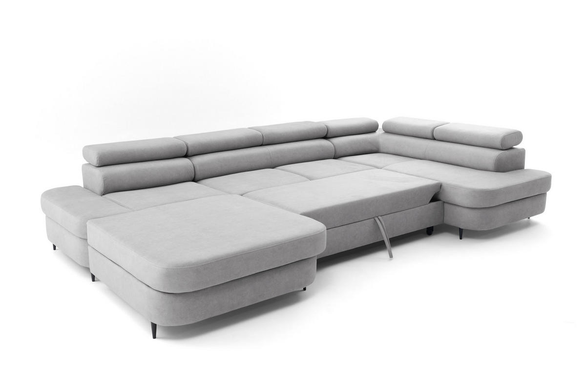 ECKSOFA U-Form PRIAM U Rechts mit Schlaffunktion 126x270 Velours Hellgrau - Hellgrau/Schwarz, Holz/Textil (203/91/350cm) - Muffo