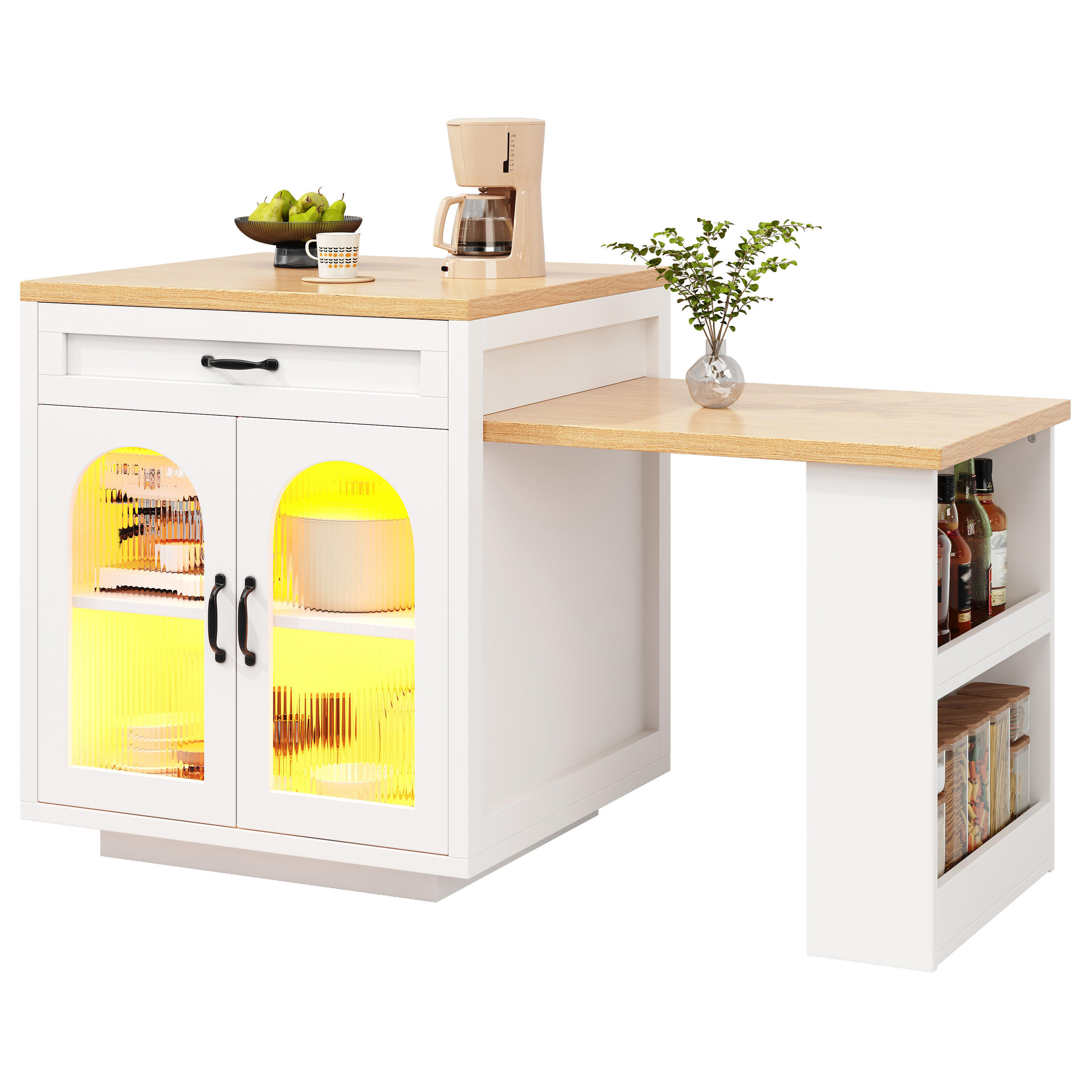 KÜCHENINSEL Ausziehbar LED 2 Schubladen Glastüren MDF - Weiß, Holzwerkstoff (126/94/59cm) - FLIEKS