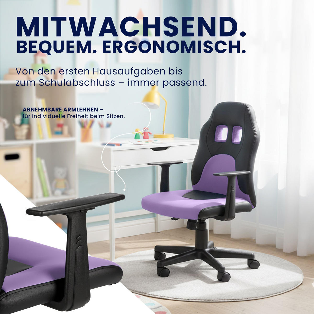 JUGENDDREHSTUHL Lederlook Schwarz/Lila - Lila/Schwarz, Kunststoff/Textil (56/83/59cm) - CLP