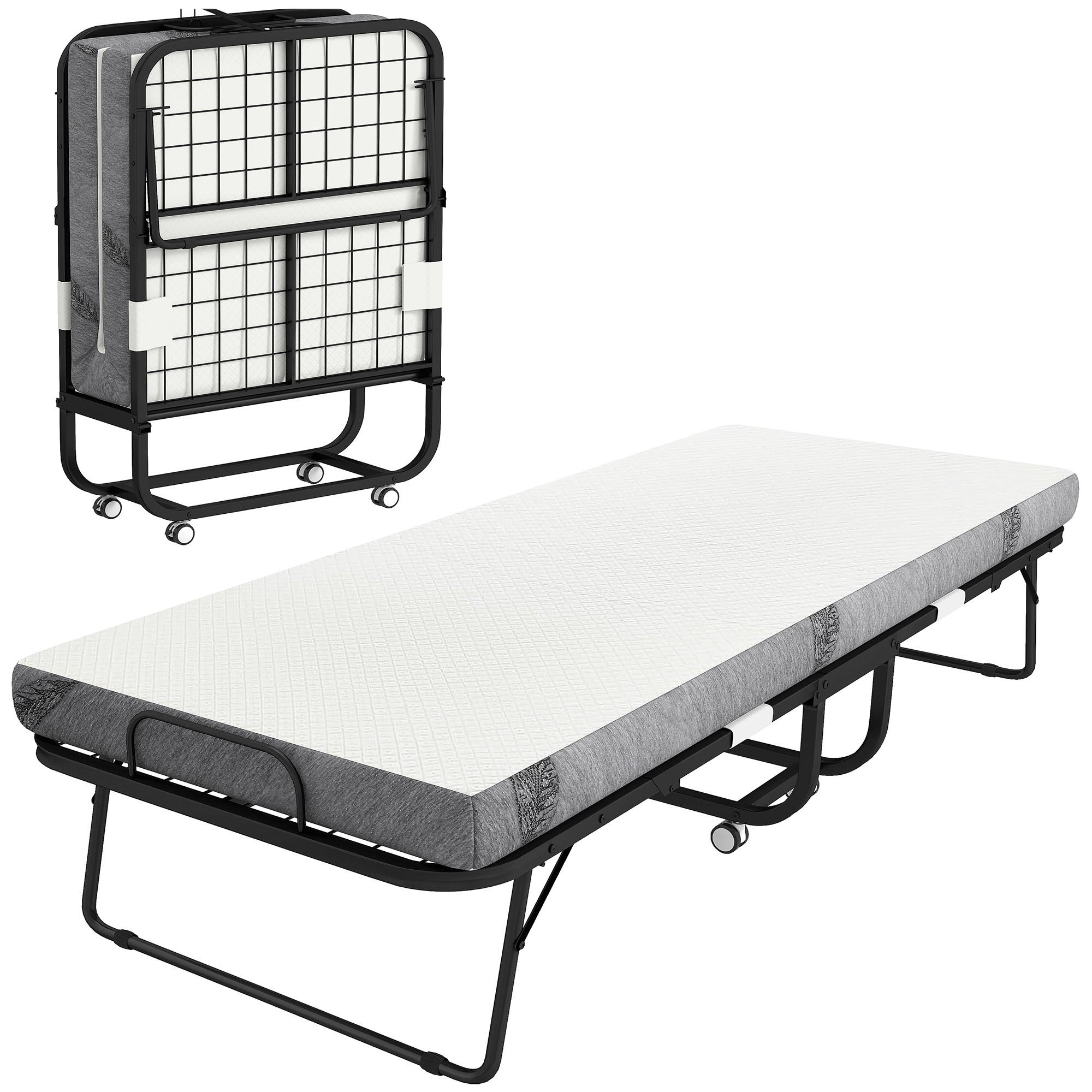 GÄSTEBETT 2-in-1 Klappbett mit Rollen klappbar Stahl+Schaumstoff Weiß+Schwarz - Weiß, Metall - HOMCOM