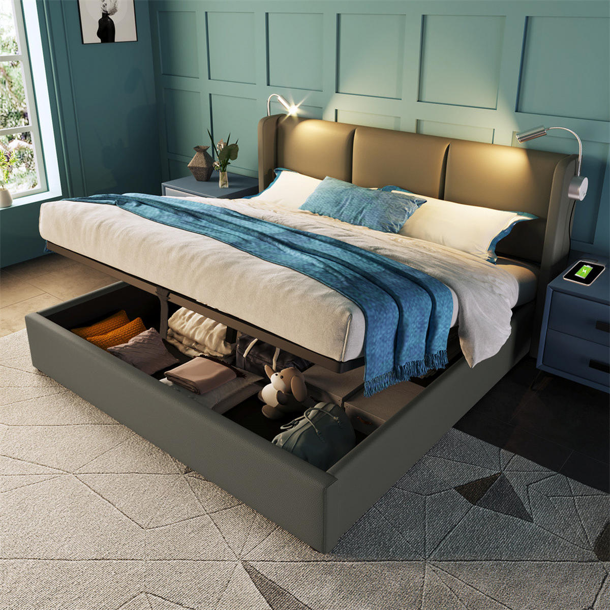 POLSTERBETT 140/200 cm in Grau PU mit mit USB Ladefunktion Kopfteil - Grau, Holz/Textil (140/200cm) - KOMHTOM