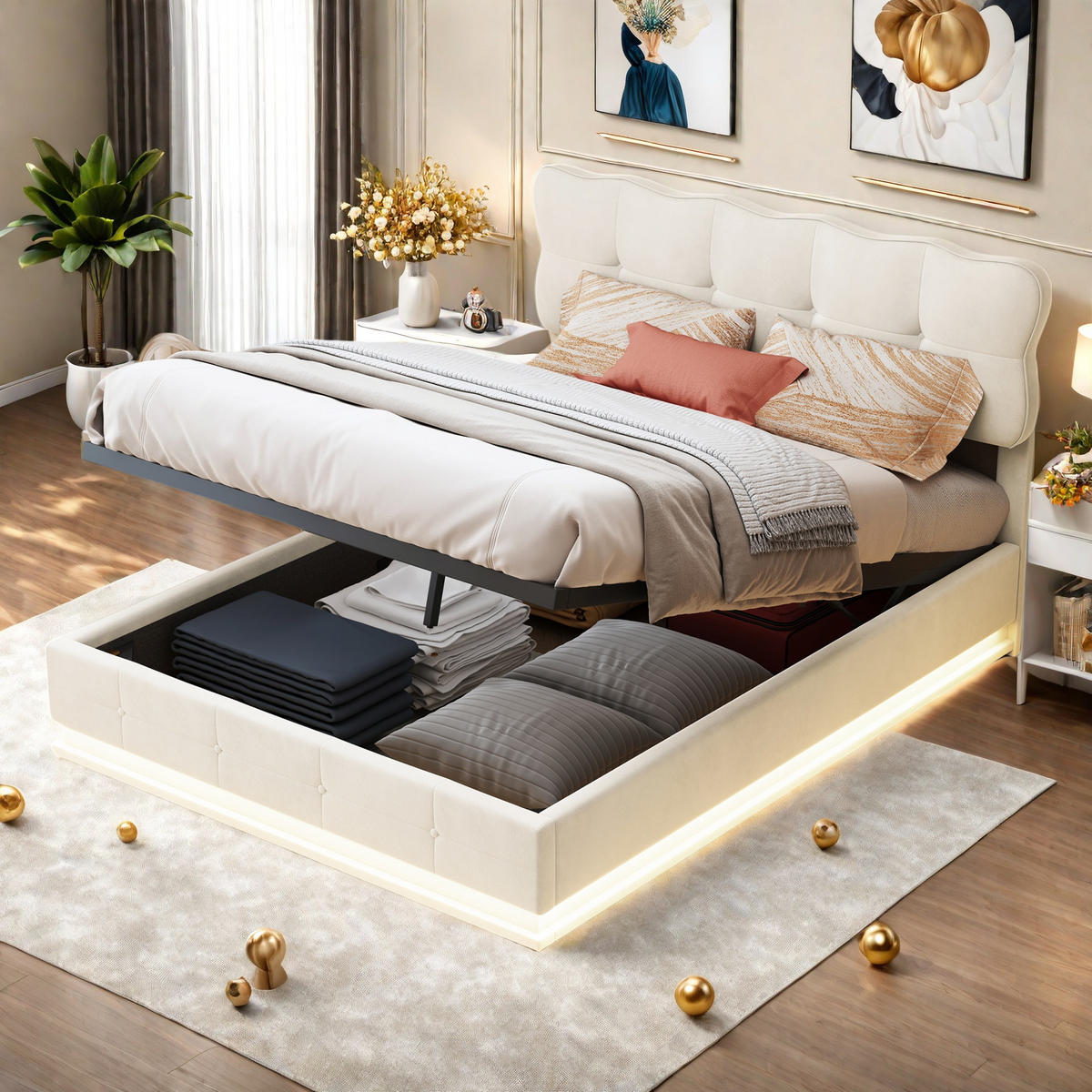 POLSTERBETT 140x200 Beige Samt Mehrfarben-LED - Beige, Metall (140/200cm) - SHOPENTRA