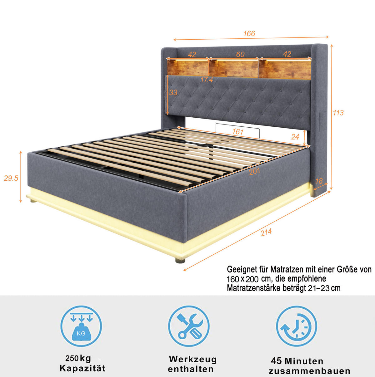 ČALÚNENÁ posteľ 160/200 cm s LED osvetlením, USB portom a hydraulickým úložným priestorom, Sivá - sivá, textil (160/200cm) - Redom