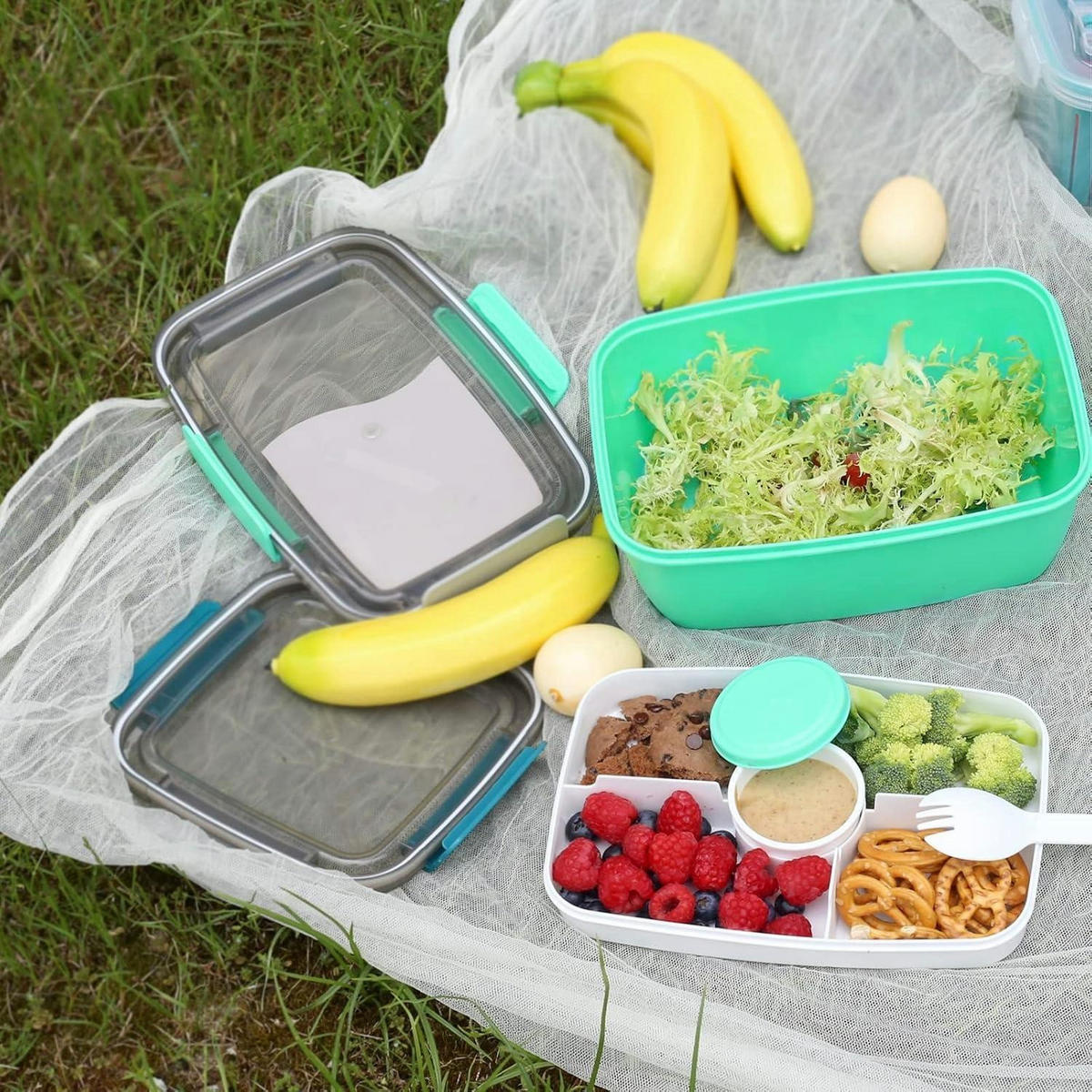 SALATBEHÄLTER mit 5 Fächern und Fruchtbehälter, auslaufsicher, 2L, Grün - Grün, Kunststoff (9.3/16/23.5cm)