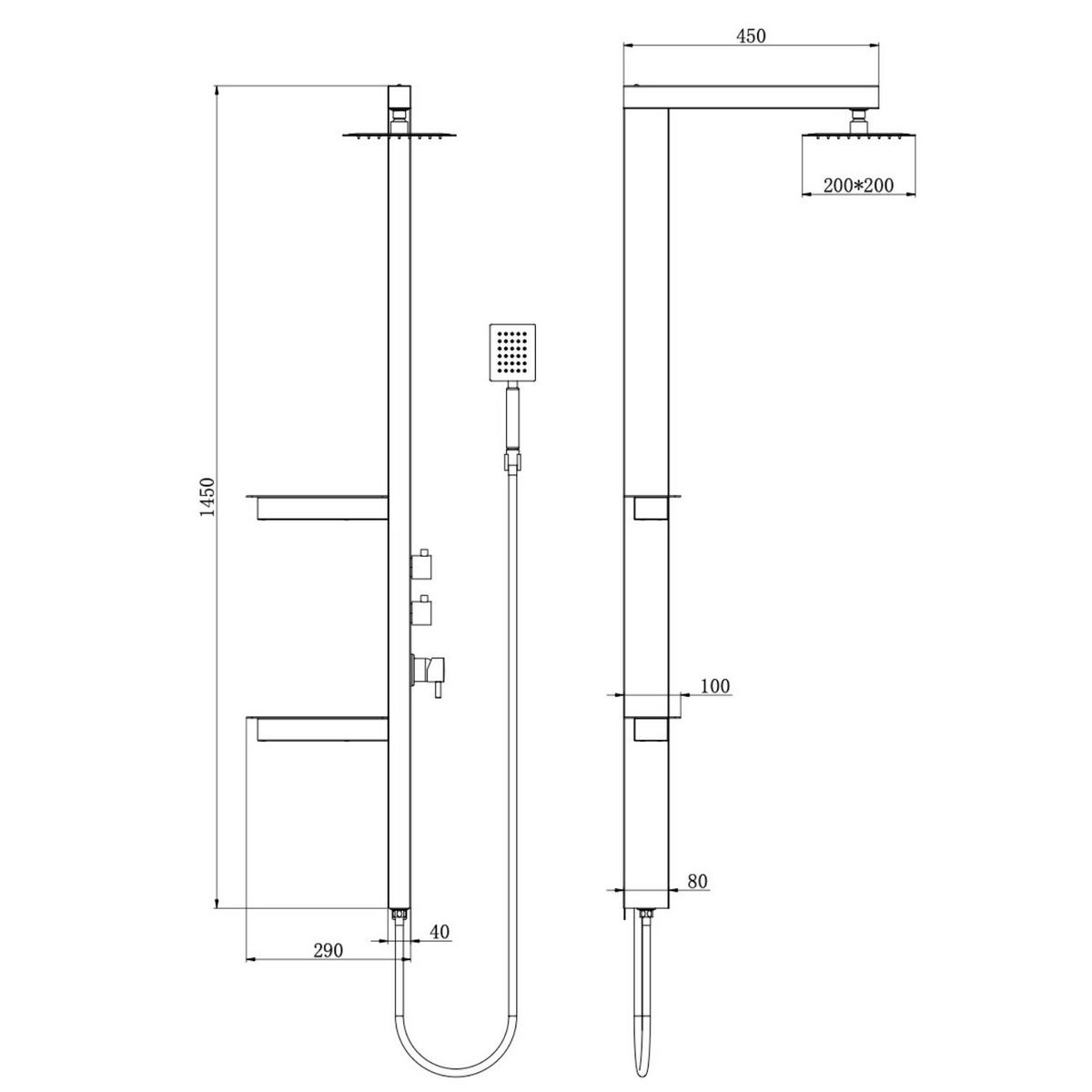 DUSCHPANEEL Avalon Schwarz Aluminium mit Mischbatterie - 145 x 3 cm - Schwarz, Holz (3/140/10cm) - Badplaats