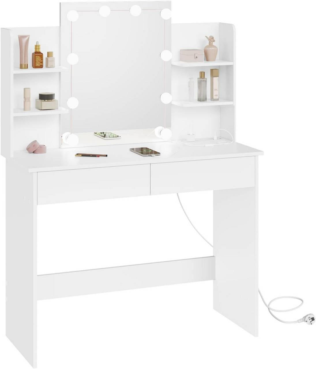 SCHMINKTISCH mit LED-Beleuchtung, 2 Schubladen, Weiß - Weiß, Glas/Holzwerkstoff (90/135/40cm) - Woltu