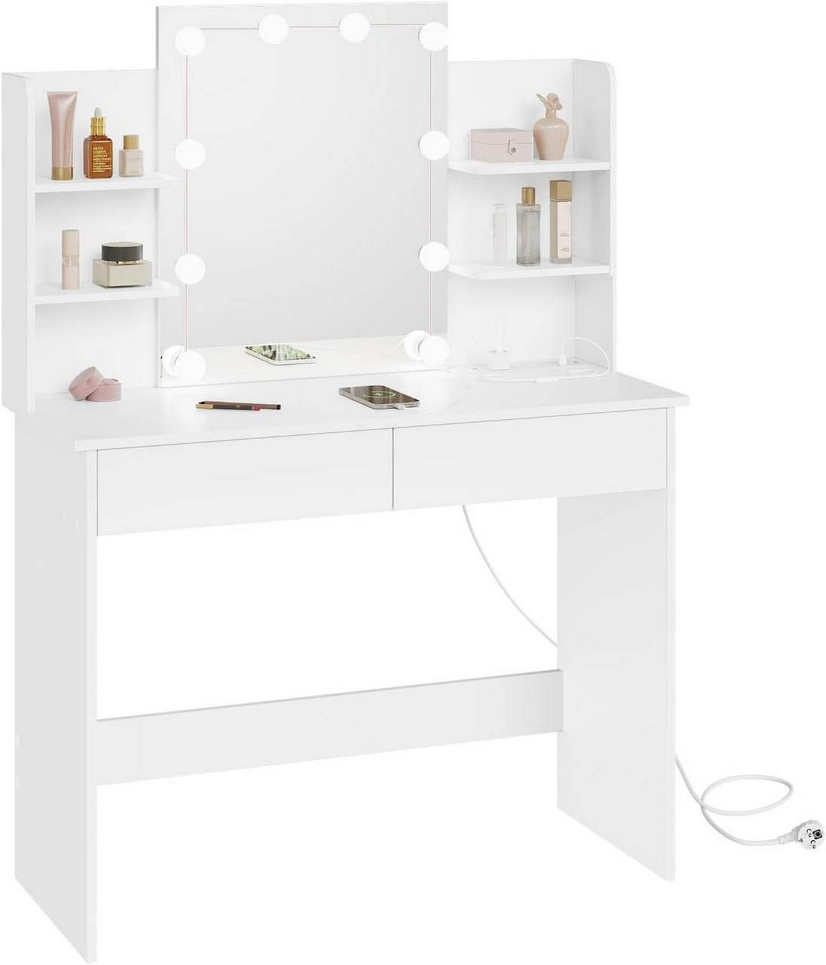 SCHMINKTISCH mit LED-Beleuchtung, 2 Schubladen, Weiß - Weiß, Glas/Holzwerkstoff (90/135/40cm) - Woltu