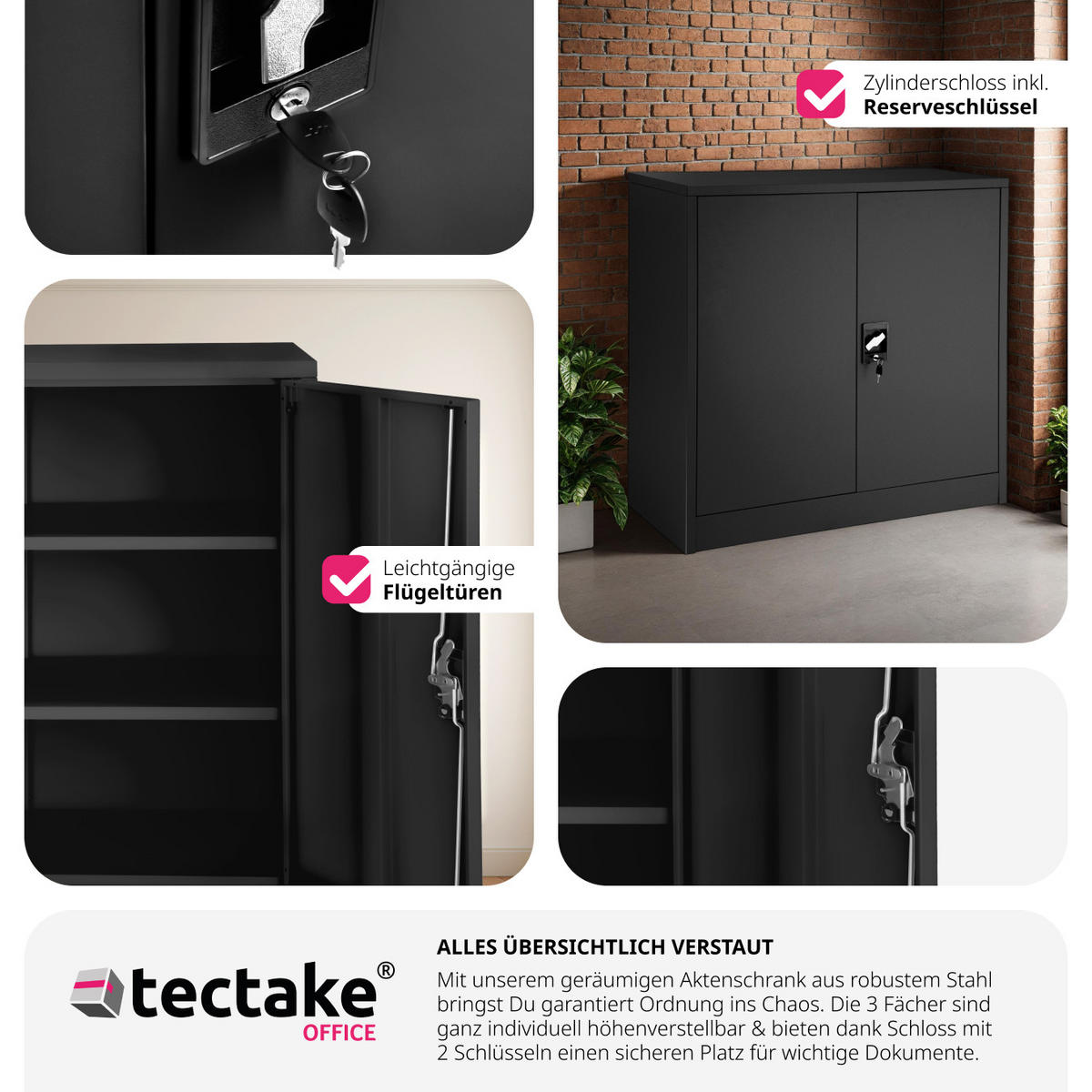 AKTENSCHRANK ,90 x 40 x 90 cm,schwarz - Schwarz, Metall (40/90/90cm) - tectake