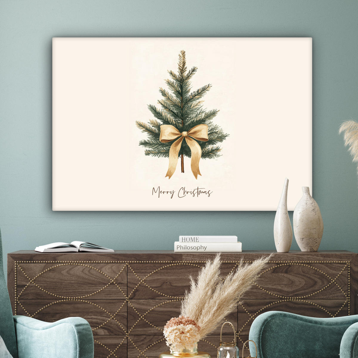 LEINWANDBILD Weihnachtsbaum - Weihnachten - Frohe Weihnachten - Beige Wohnzimmer Groß 120x80 cm - Sandfarben, Textil (120/80cm) - MuchoWow