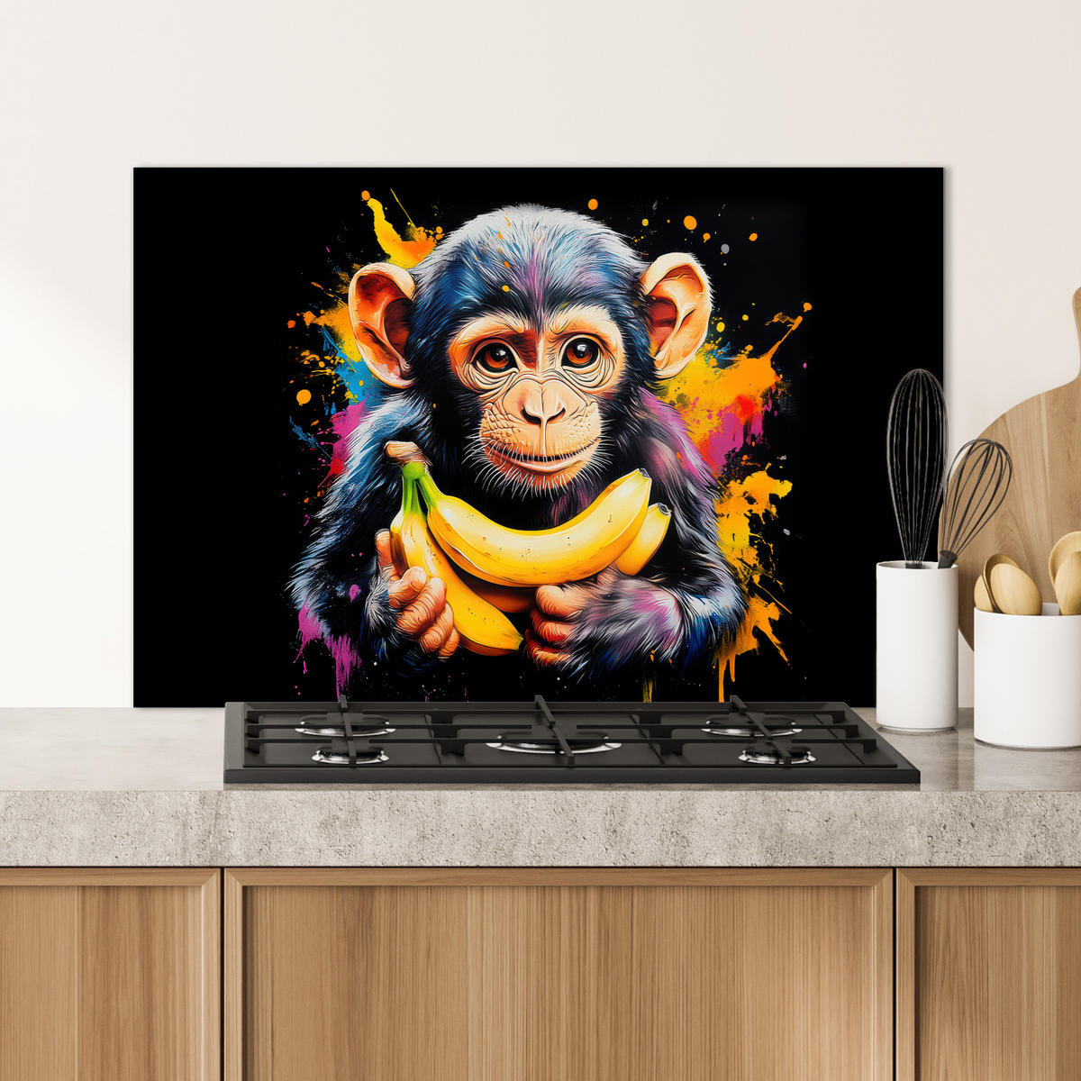 SPRITZSCHUTZ KÜCHE Affe - Graffiti - Farbenfroh - Bananen - Modern 80x55 cm - Gelb, Metall (80/0.3/55cm) - MuchoWow